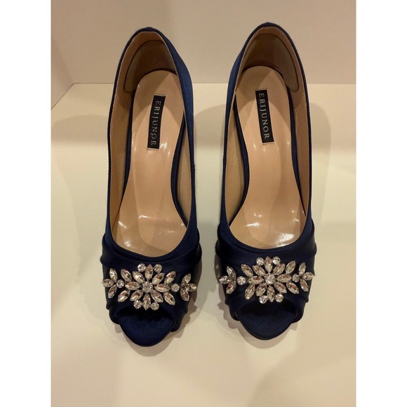 Erijunor Shoes - erijunor Womens Navy Blue Embellished Peep Toe Heels Size Unknown
